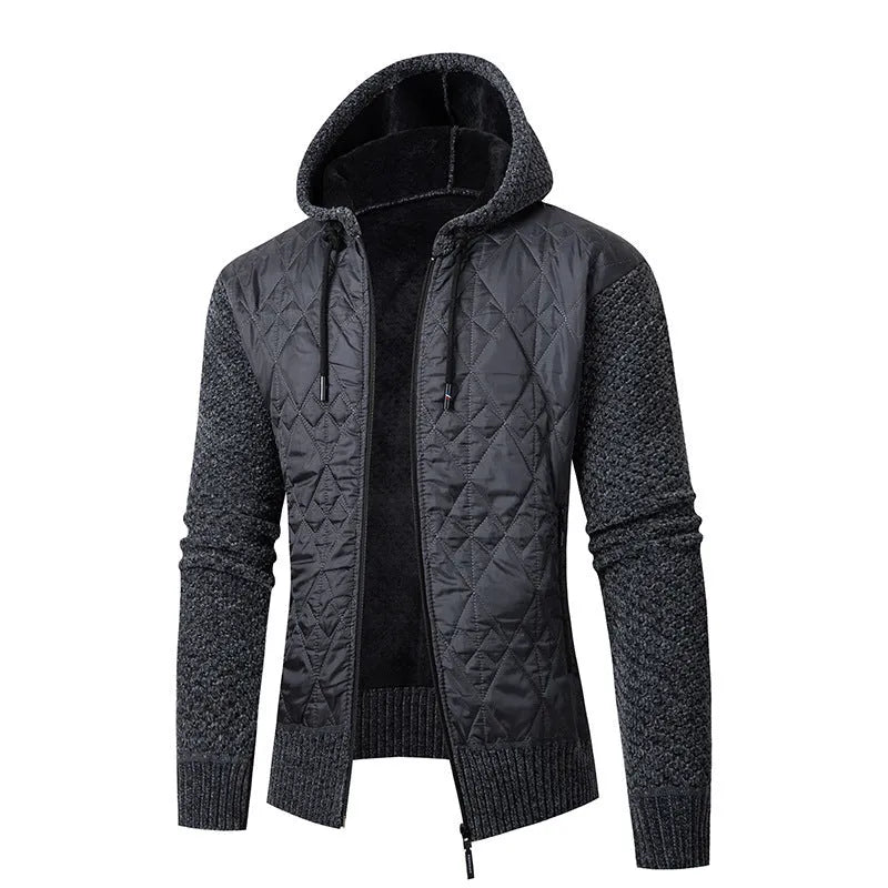 Men's grey hooded sweater coat in cinched corduroy style with wool composition