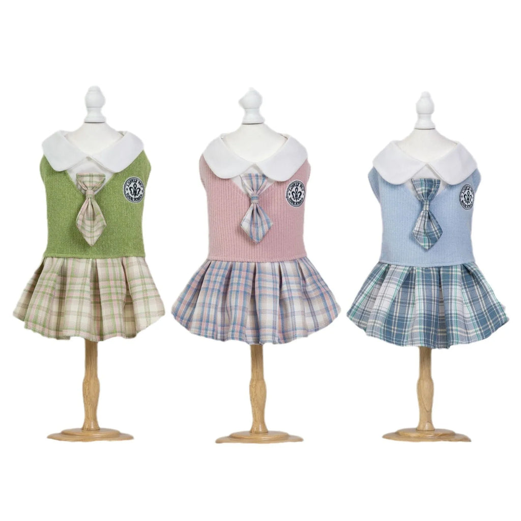 Polyester tartan skirt costume for dogs in pink, blue or green with princess-style design