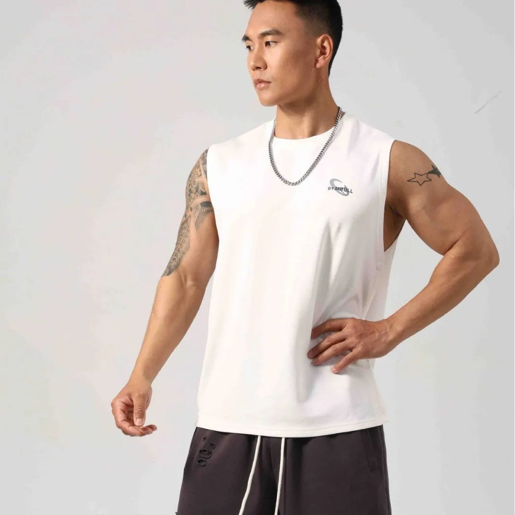 Men's loose black cotton fitness vest showing hidden hook side openings.