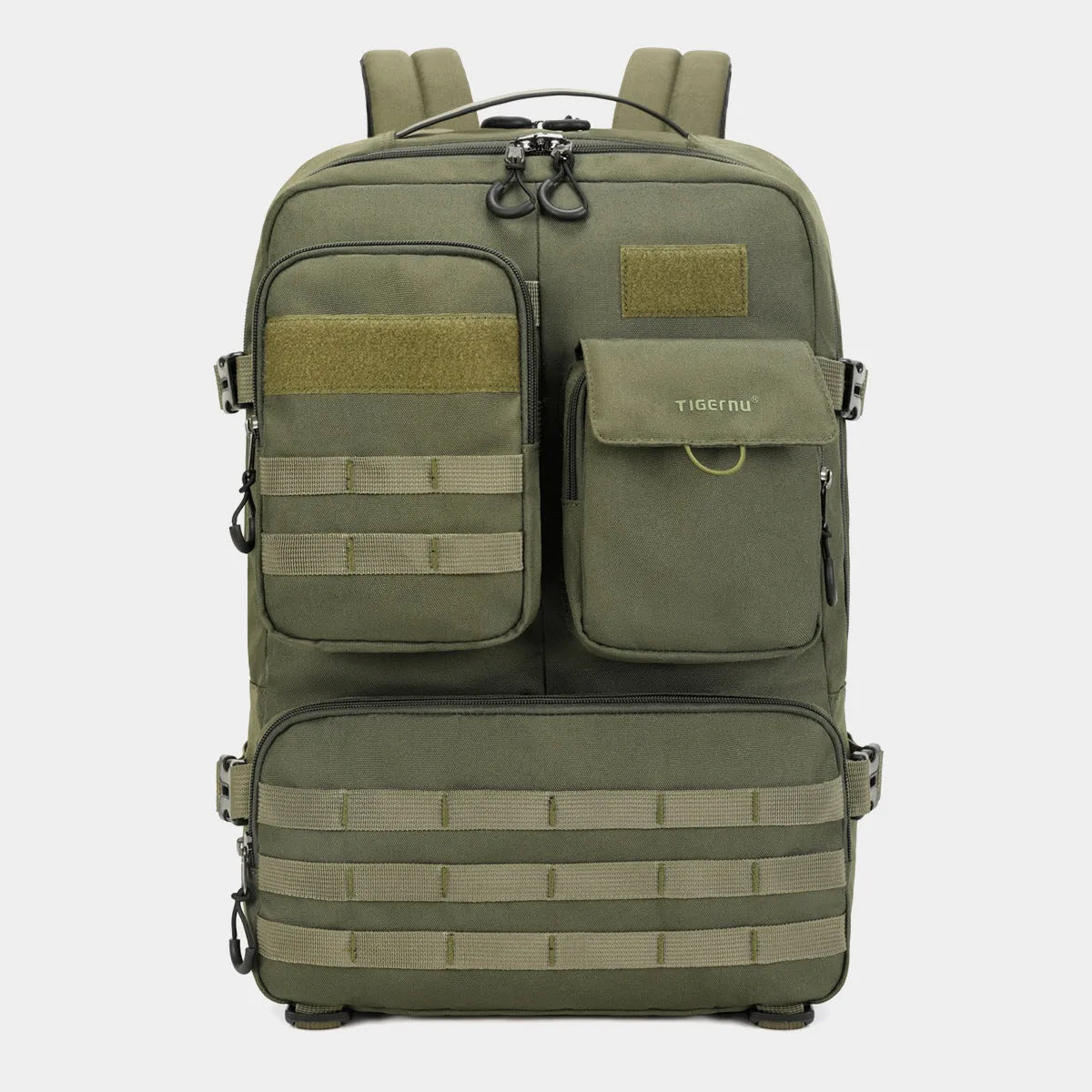 Army green tactical backpack with 17-inch size and breathable back panel