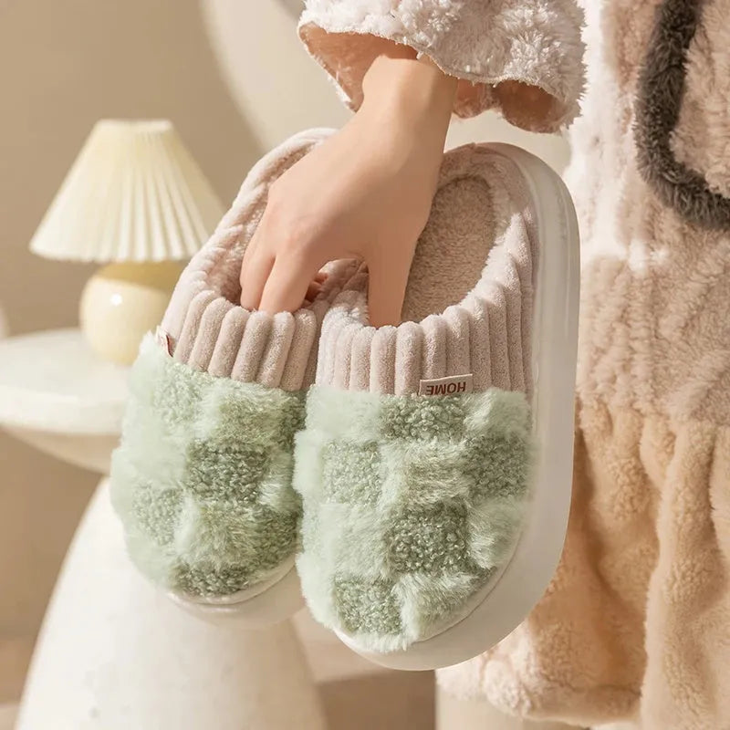 Women's plaid pattern plush slippers with a non-slip PVC sole, shown in a choice of colours.