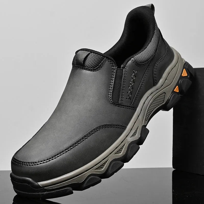 Men's dark brown casual leather shoes with round toe and rubber sole
