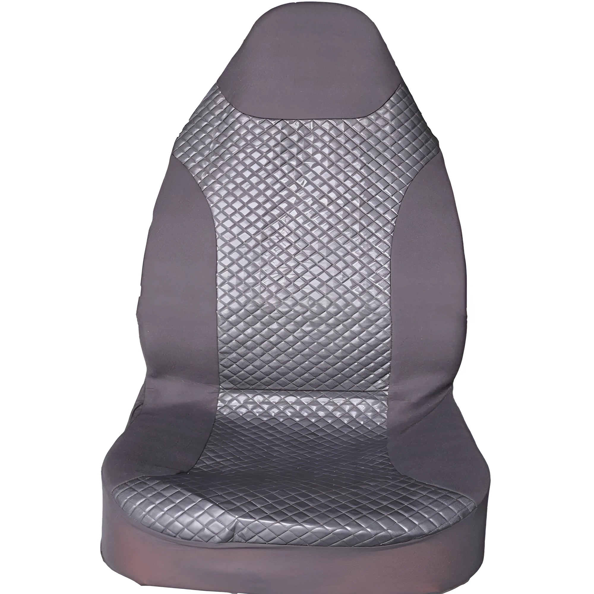 Black quilted universal car seat cover made from PU and polyester fabric.