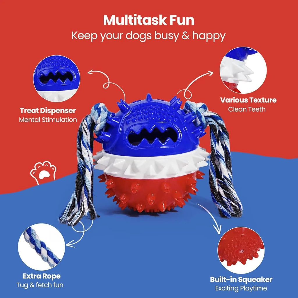 Blue and red squeaky dog chew toy with treat dispenser hole, shown next to a dog.