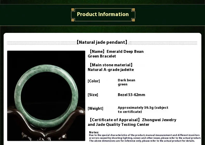 Dark pea green jade bracelet on a wrist, showing its simple band style and natural colour.