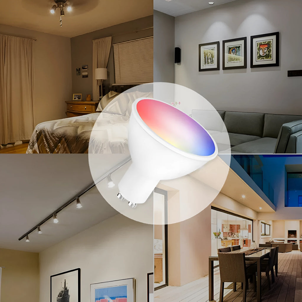 GU10 smart LED spotlight bulb with RGBCCT colours, shown in a standard spotlight socket.