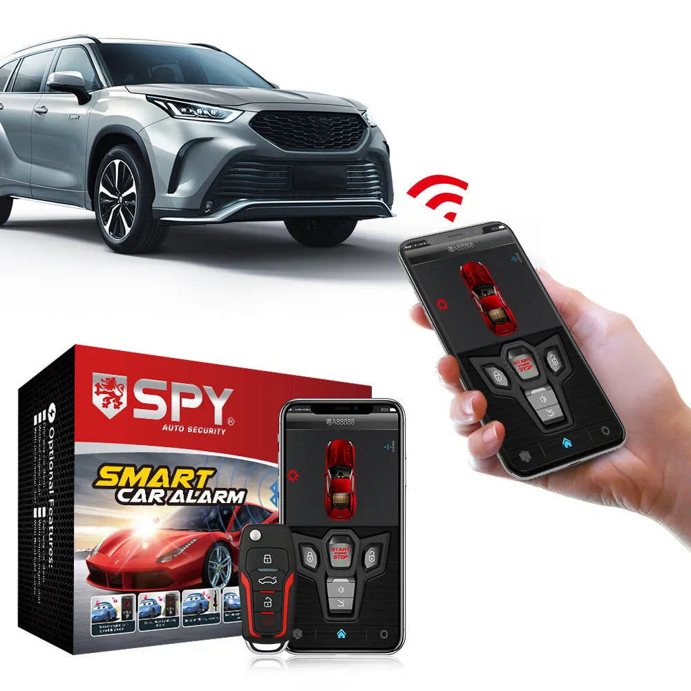 Red and frosted black car alarm system with two remote controls for vehicle security