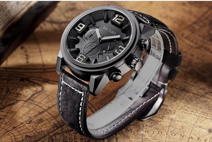 Men's quartz sports watch with three-eye luminous dial, 48.5mm alloy case, mineral glass, and brown-black leather strap