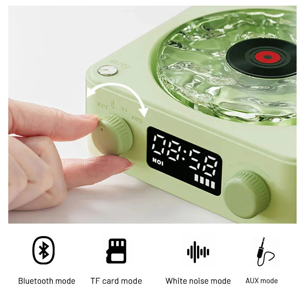 Retro turntable speaker with transparent water ripple turntable, Bluetooth 5.0, and white noise feature in a compact design
