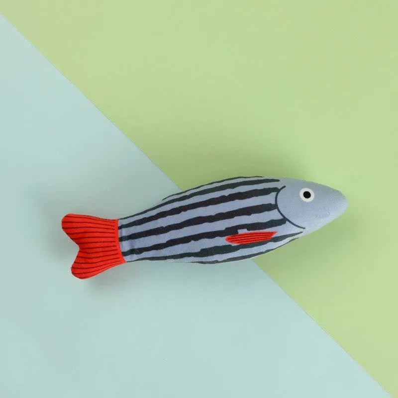 Canvas cat toy shaped like a mint fish in green eel colour on a light background