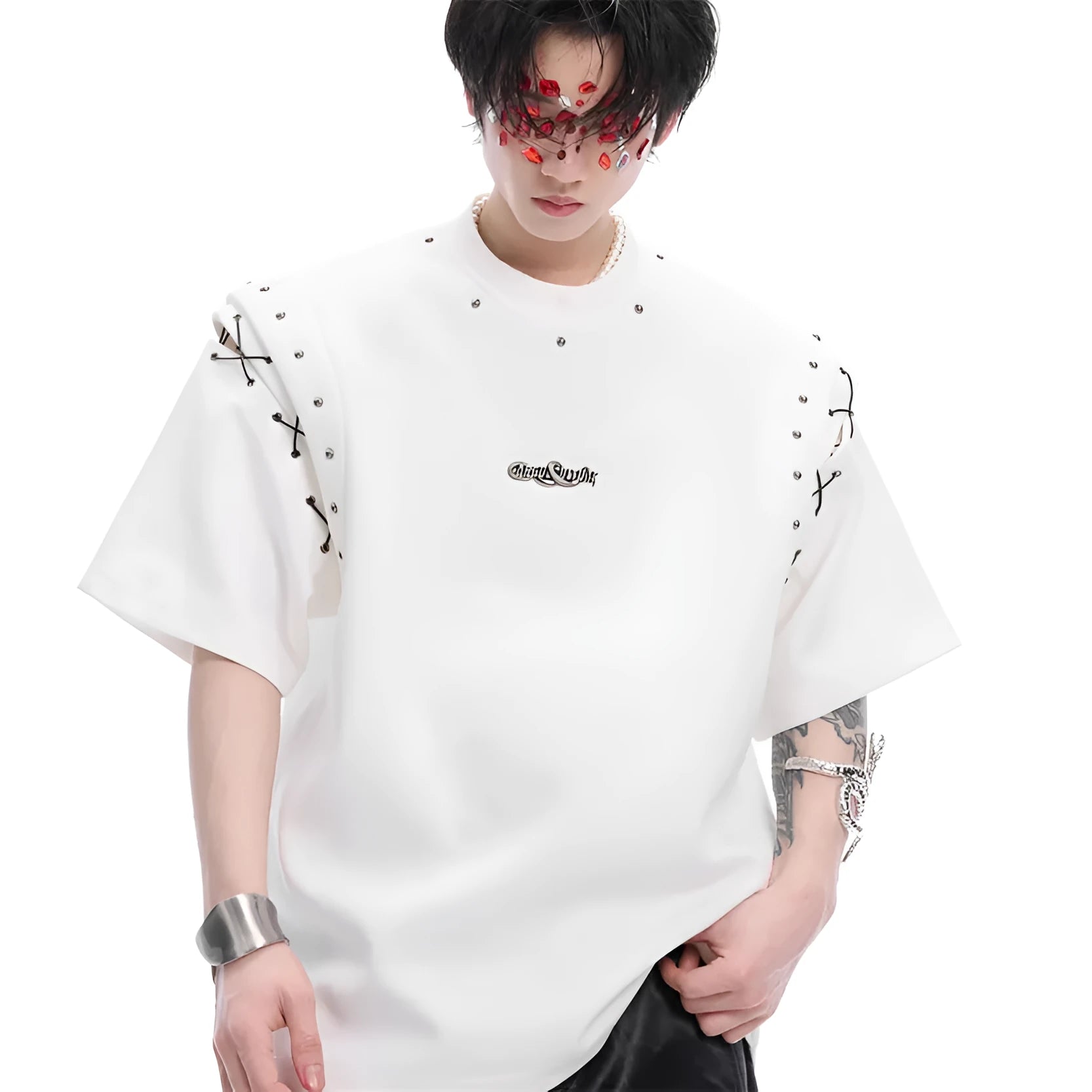 Women's black deconstruction t-shirt with a front lace-up cutout detail on a short sleeve.