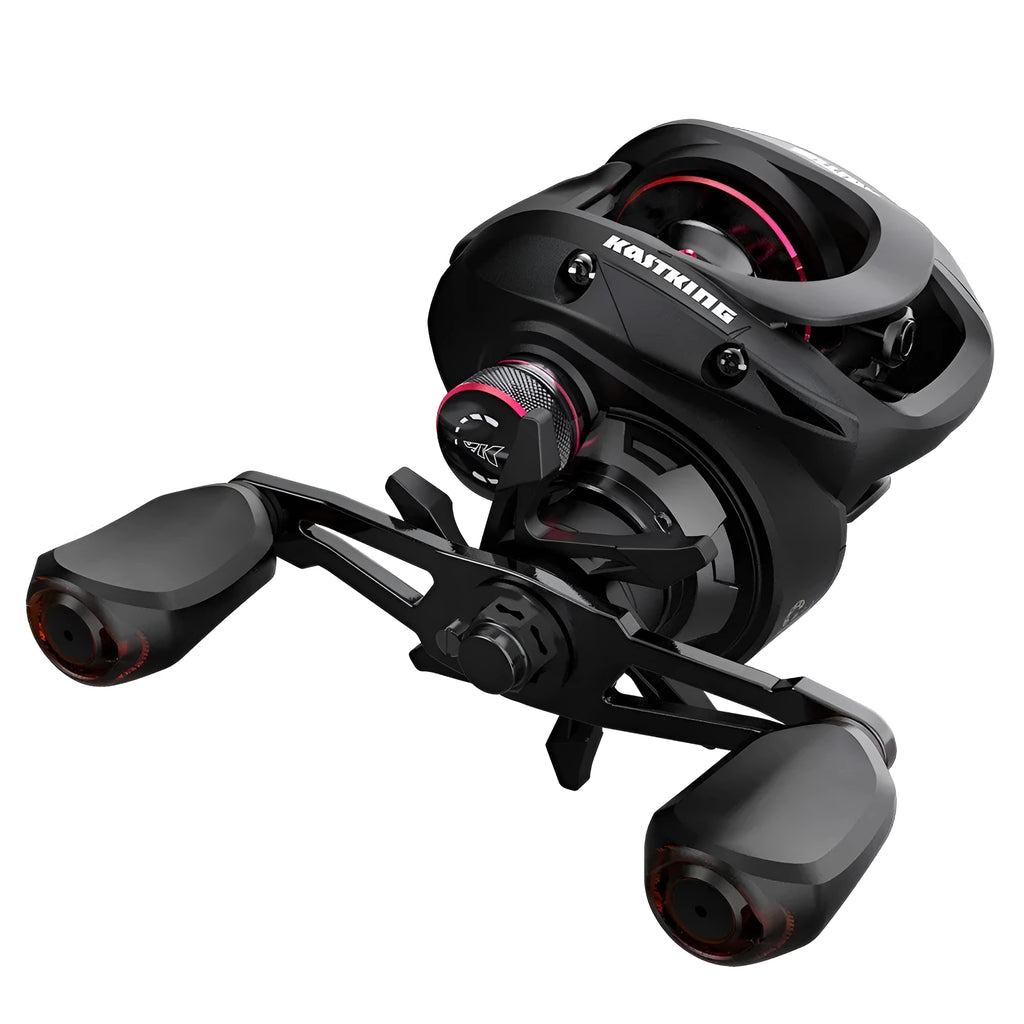 Drip wheel lure fishing reel with rocking wheel line control in left and right hand wheel versions