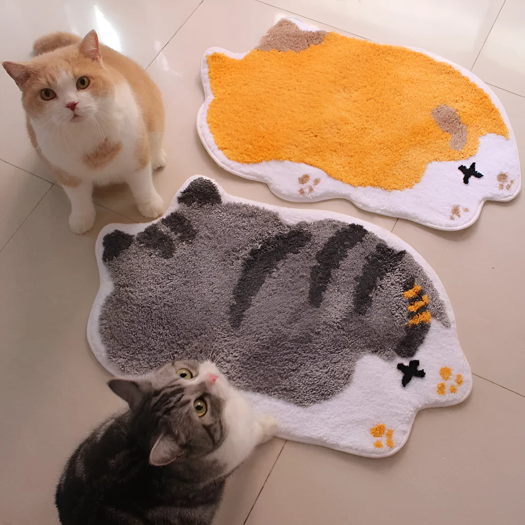 Cartoon non-slip floor mat for cat cage, soft flocking surface, TPR bottom, 45x65cm, gray cat design