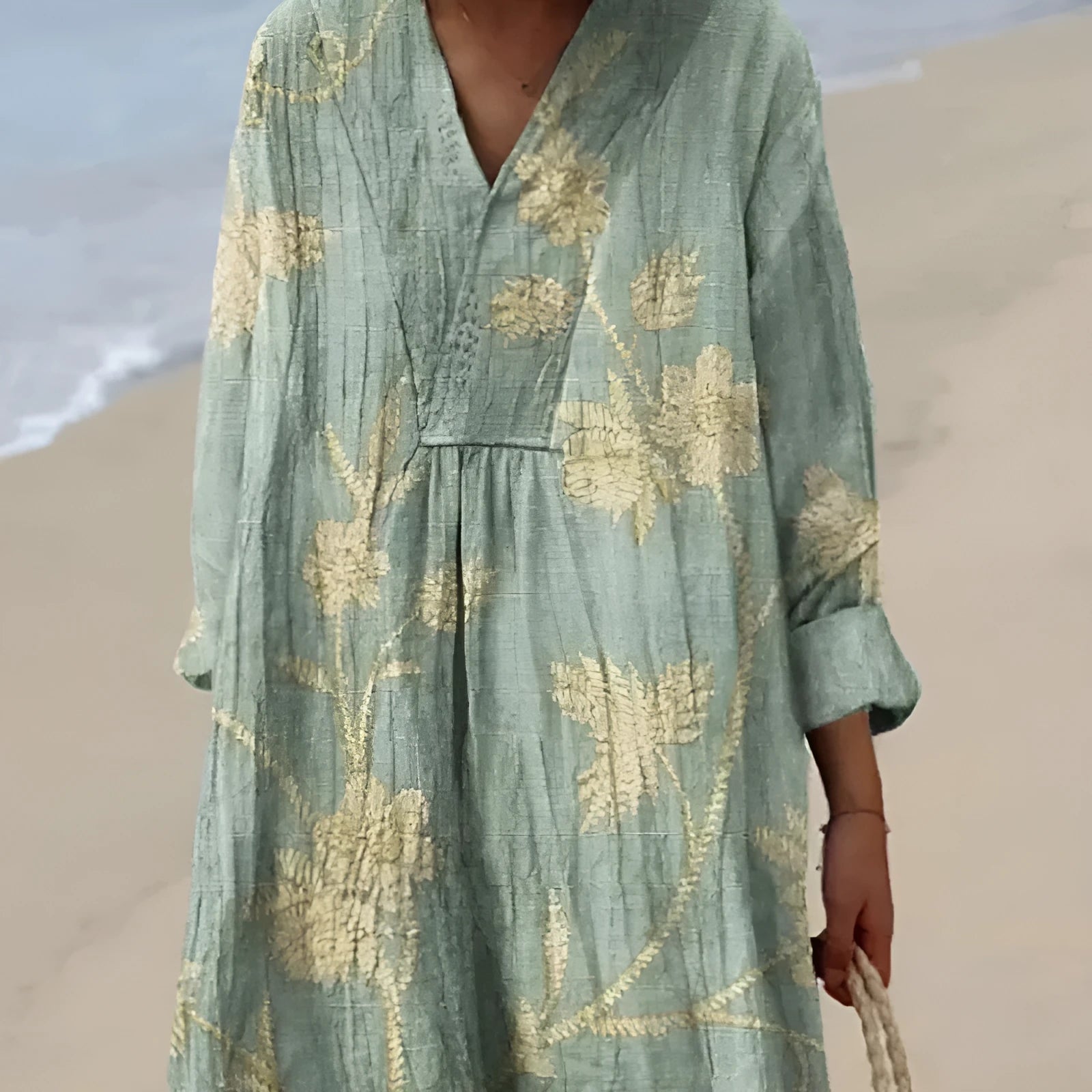 Casual floral shirt dress with 3D printed sleeve pattern showing princess cut silhouette and wide waist styling