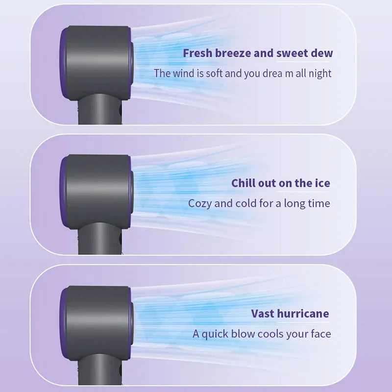 Portable handheld turbo fan with semiconductor refrigeration, 3000mAh battery, adjustable wind speeds, 58x60.5x170mm, white colour option
