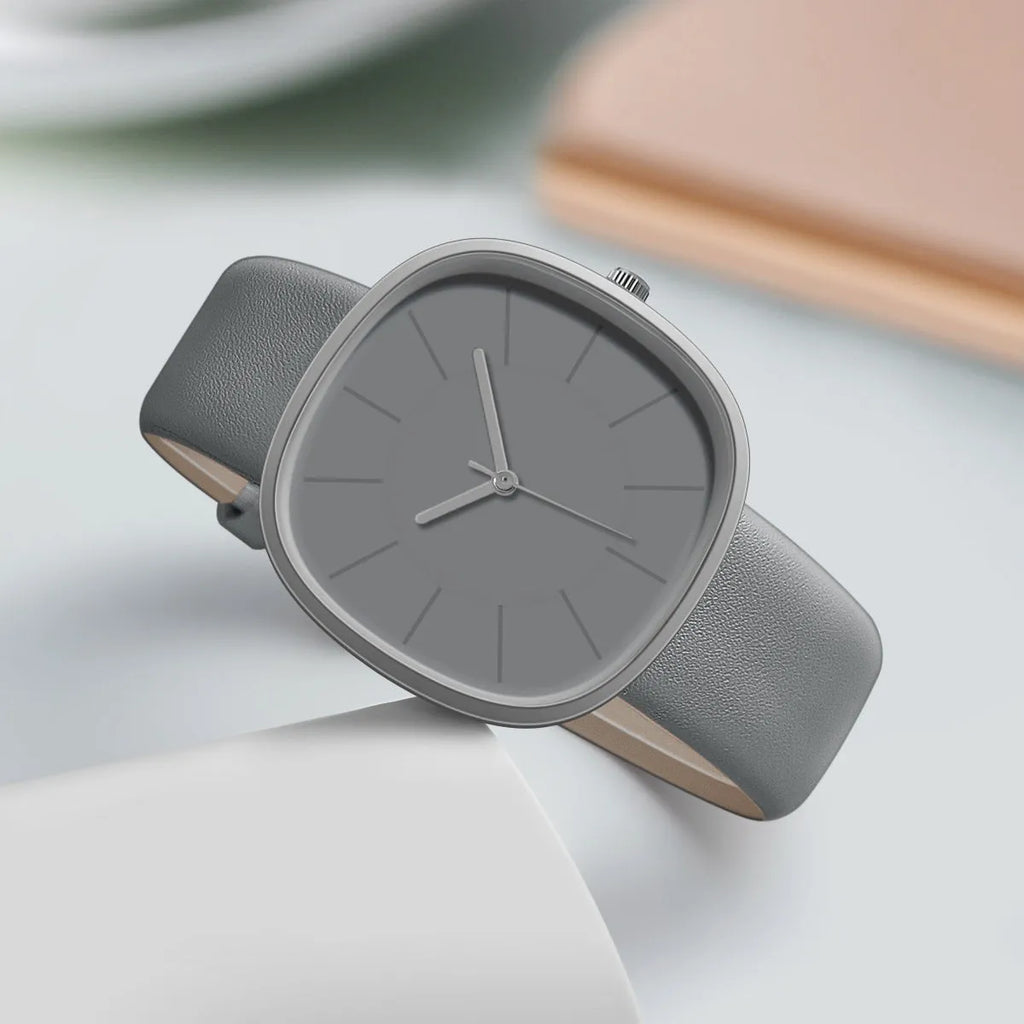 Women's cube sugar square silicone watch with organic glass dial, stainless steel back, pin buckle, available in pink, gray, khaki, light brown, black