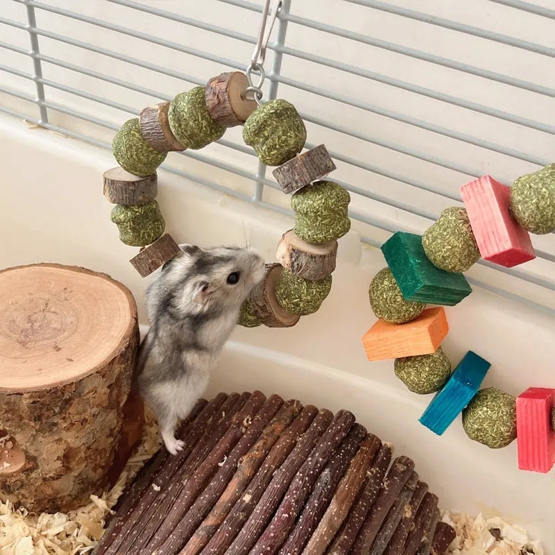 Hamster chew toy with Applewood molar rod and decorative straw ball ring for small pets