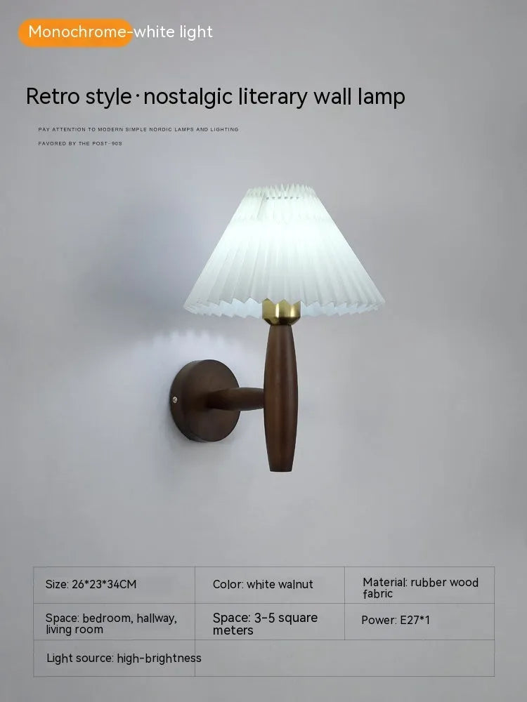 American retro-style walnut wood wall lamp with fabric shade and copper accents.