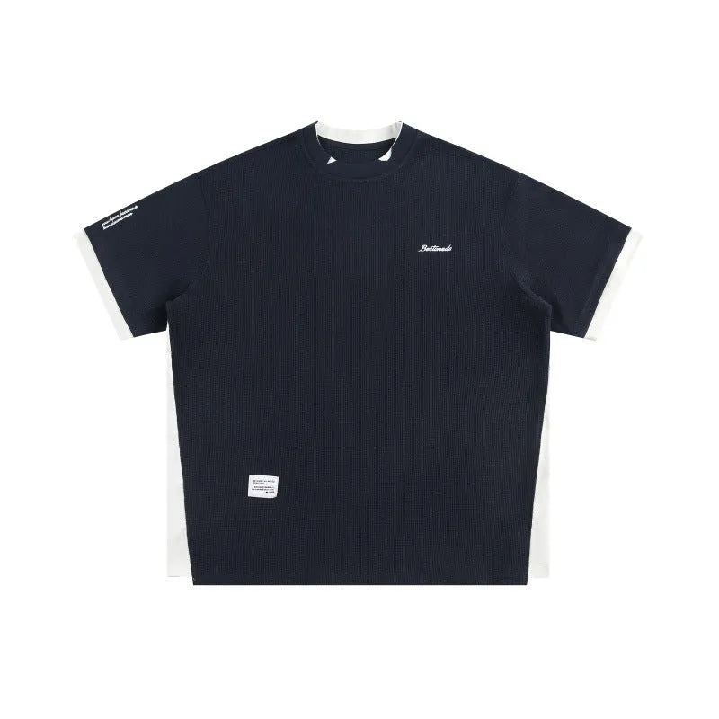 Loose retro alphabet embroidered waffle texture short-sleeved T-shirt in navy blue