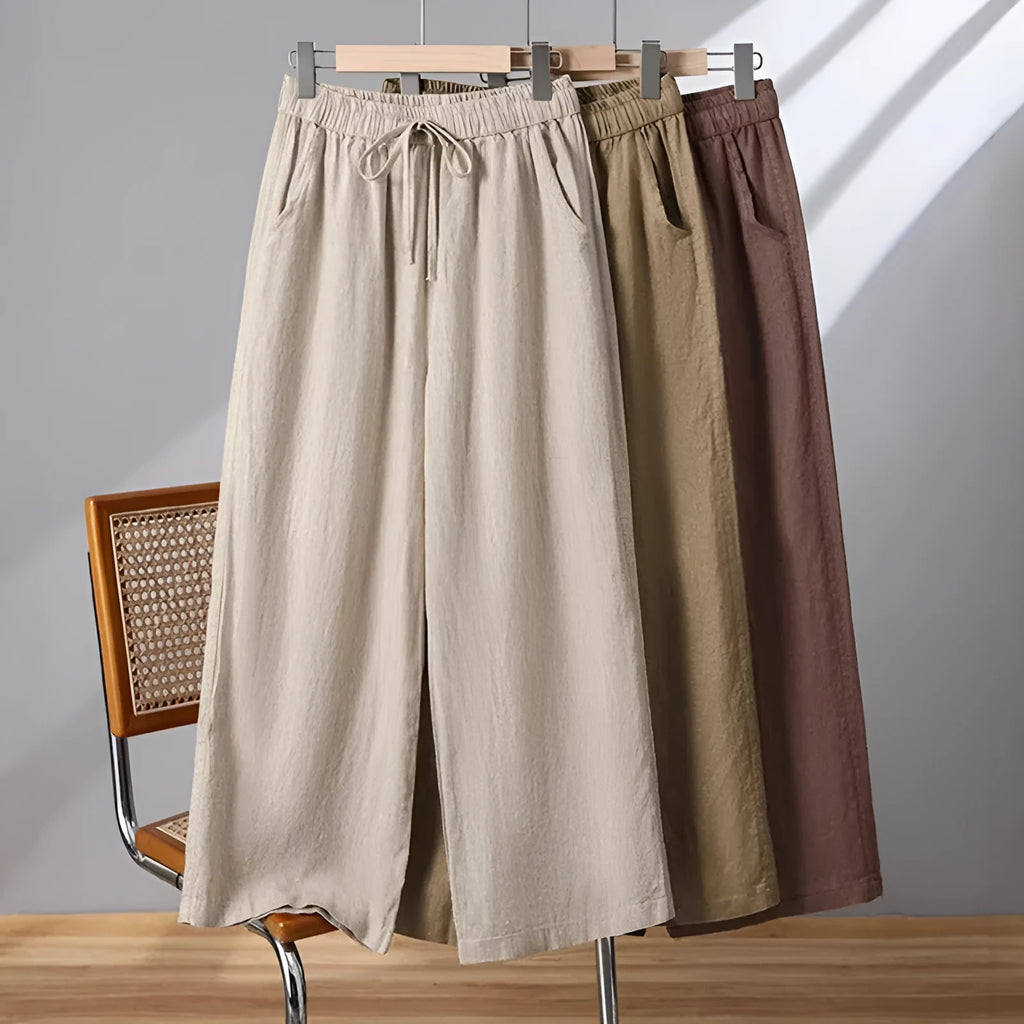 Women's straight-leg casual trousers with elastic waist and lace-up drawstring in four colour options