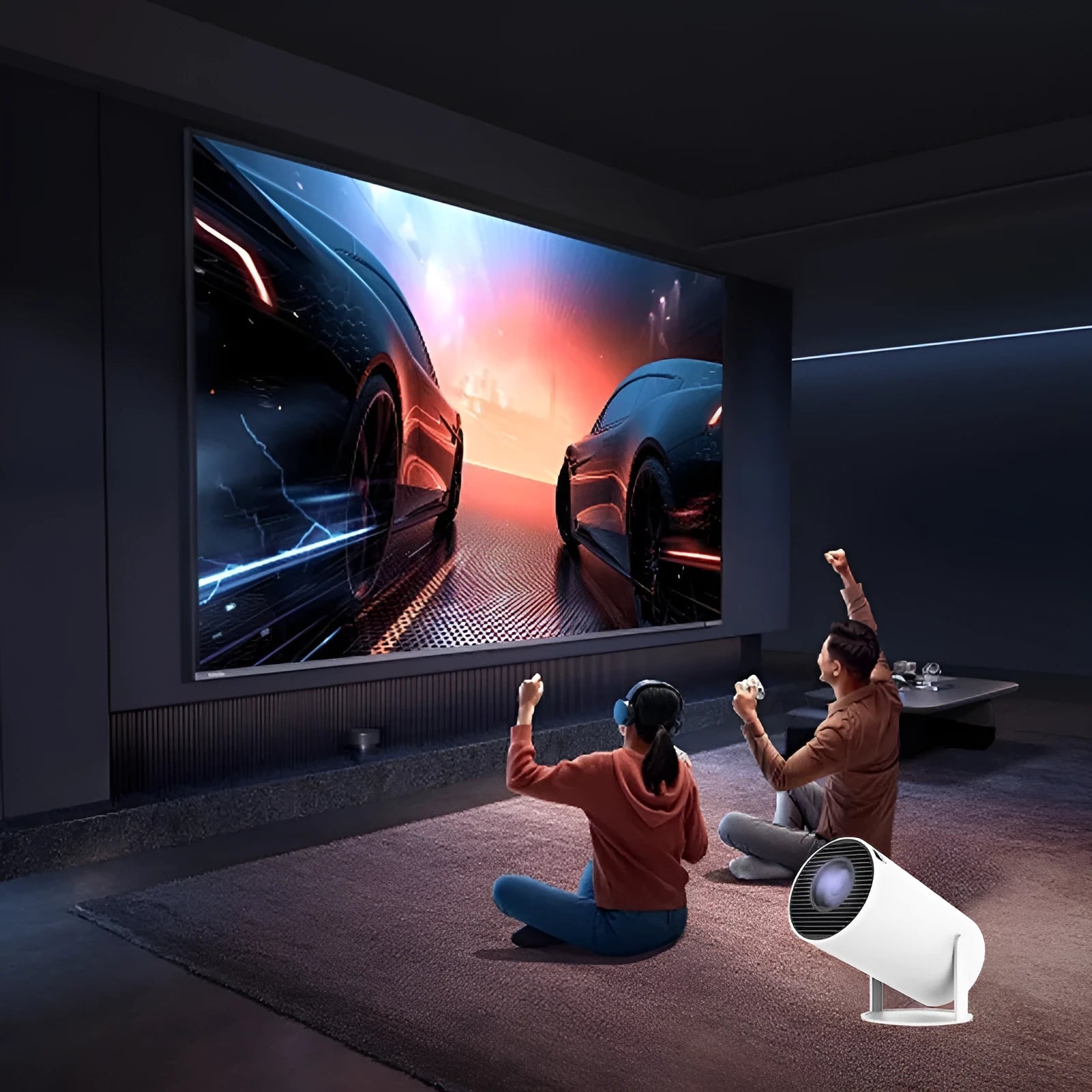 White X10 PLUS portable home smart projector with gamepad and remote control on a table.