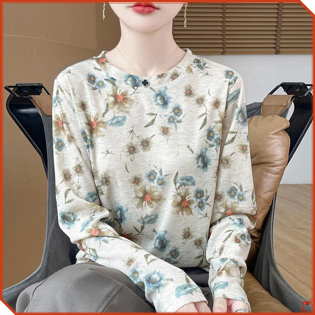 Tencel cotton round neck pullover with floral print in Asian sizes M to XXL