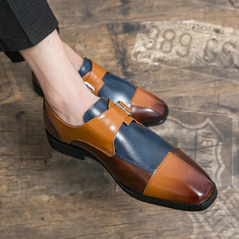 Men's brown blue retro buckle casual shoes with tall crown design and microfiber upper