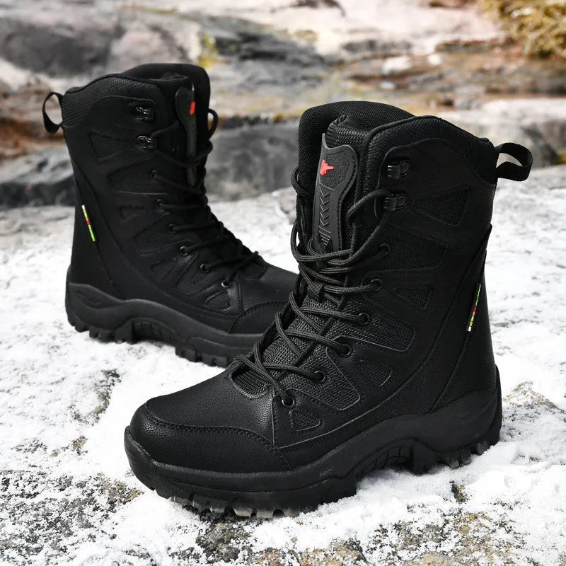 Cowhide leather hi-top hiking platform sneakers in beige, shown on a neutral background.