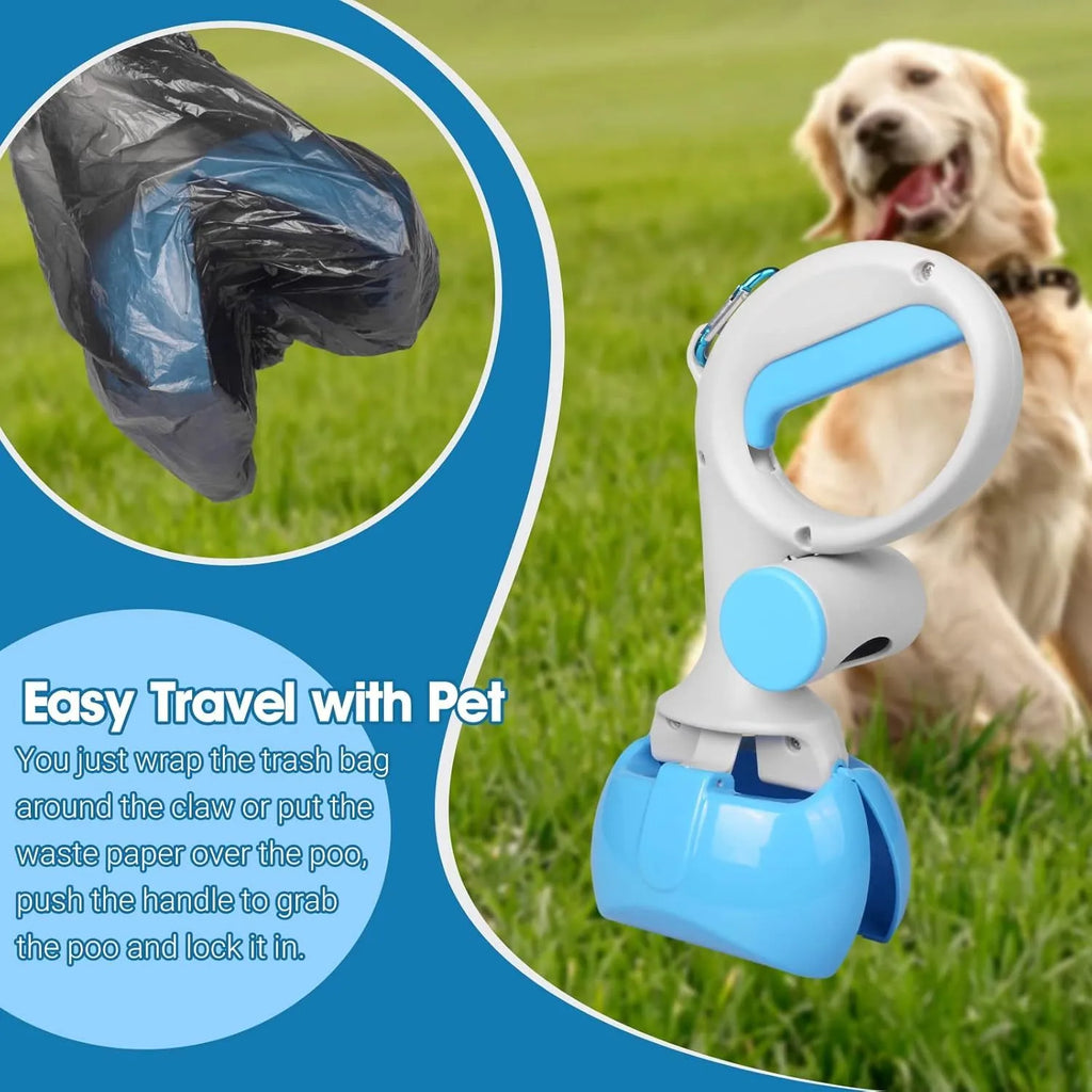 Black ABS plastic pet pooper scooper with integrated trash bag holder and top hook