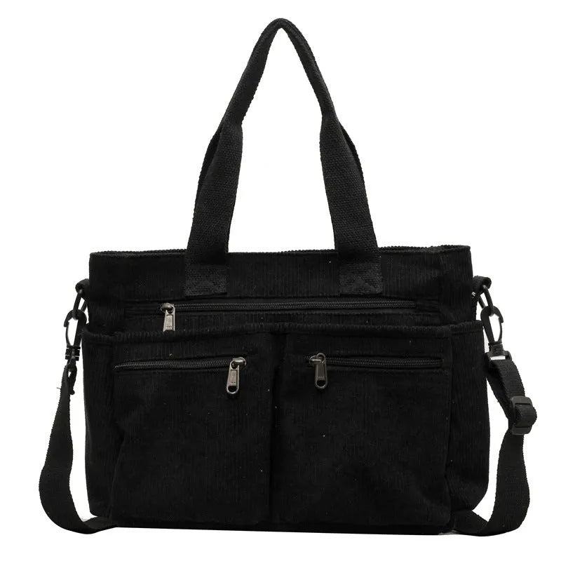 Women's corduroy messenger bag in beige, large capacity, horizontal square shape, on white background