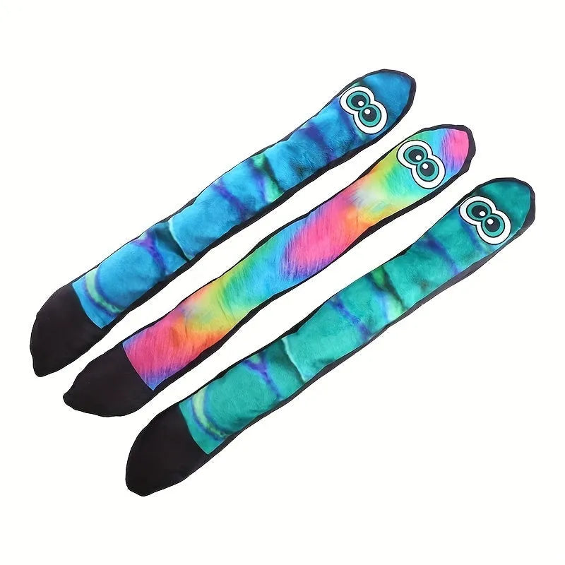 Snake-shaped multicolour stripe print plush squeaky dog toy for chewing and interactive play