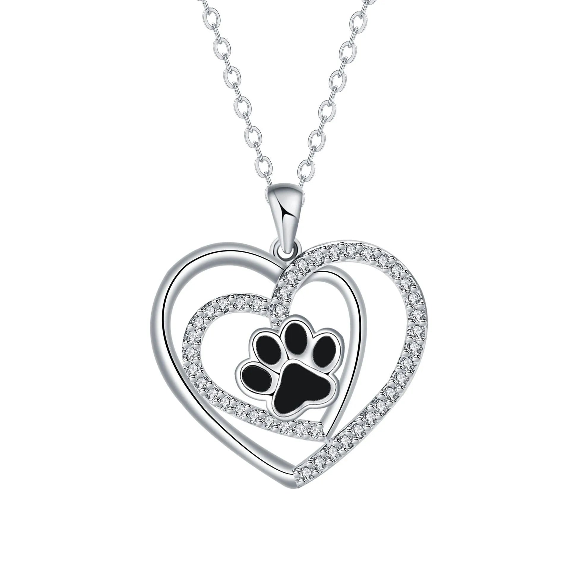 Women's dog paw print heart necklace on a cross chain, copper electroplated.