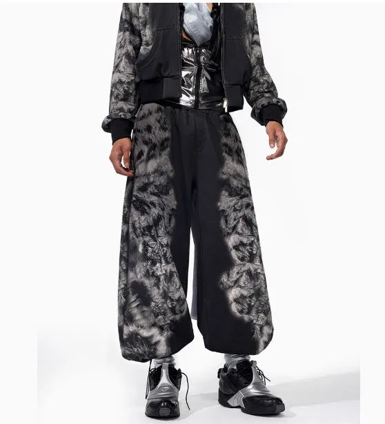 Printed loose trousers set with hoodie and seven-inch pants in polyester streetwear