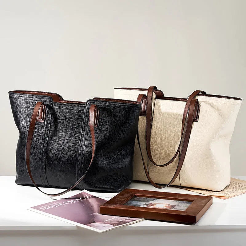 Women's black genuine leather large capacity shoulder bag with organised internal compartments