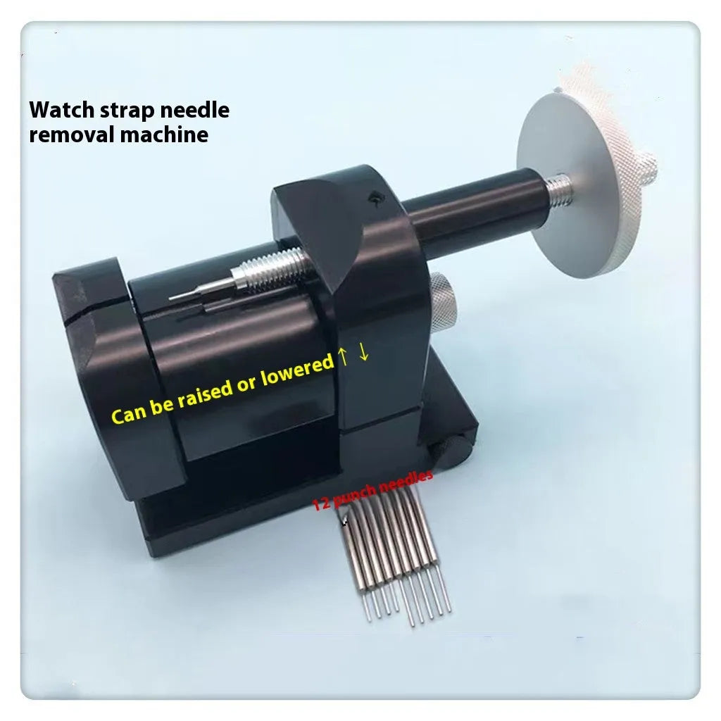 Alloy steel watch strap stripping machine tool set for watch repair on a workbench.
