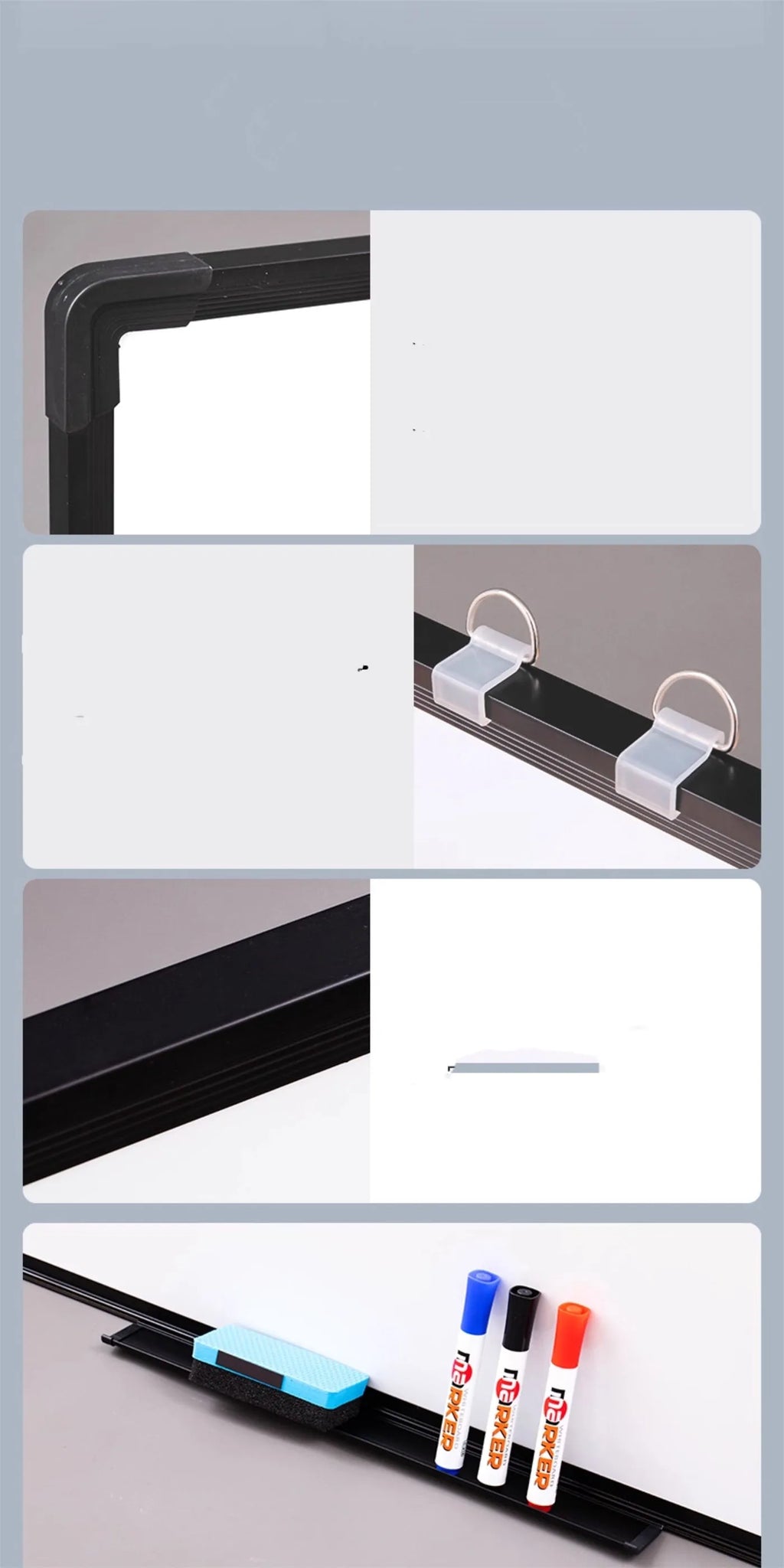 45x60cm hanging whiteboard with black frame, whiteboard pens, magnetic particles, eraser, and pen tray on a wall