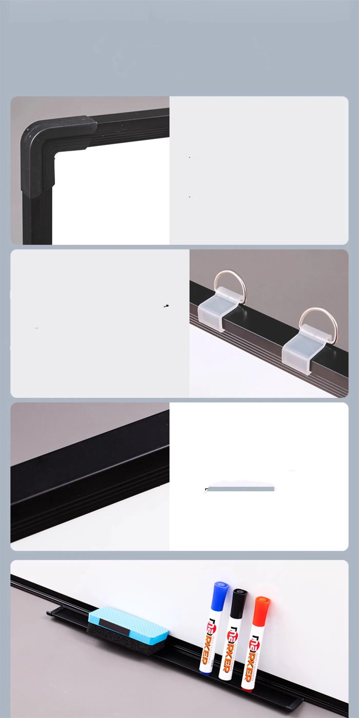 45x60cm hanging whiteboard with black frame, whiteboard pens, magnetic particles, eraser, and pen tray on a wall