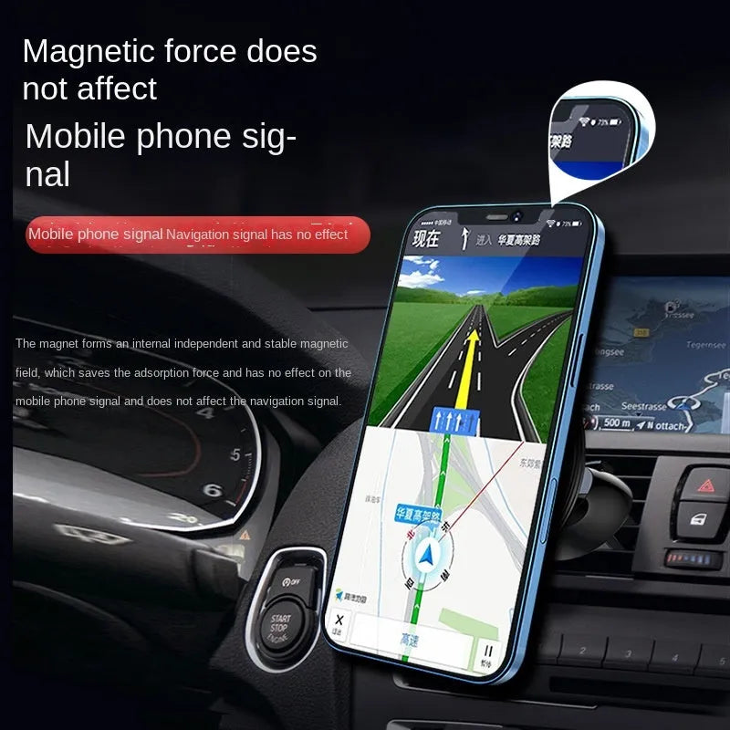 Black aluminium magnetic car phone holder mounted on vehicle air vent