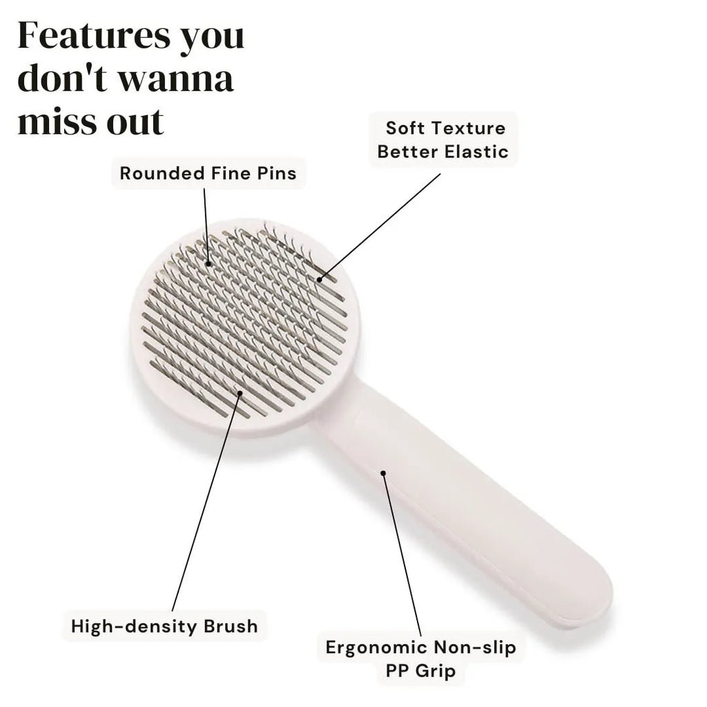 Blue grey pink self-cleaning pet grooming brush with stainless steel tips and rubber handle for dogs cats