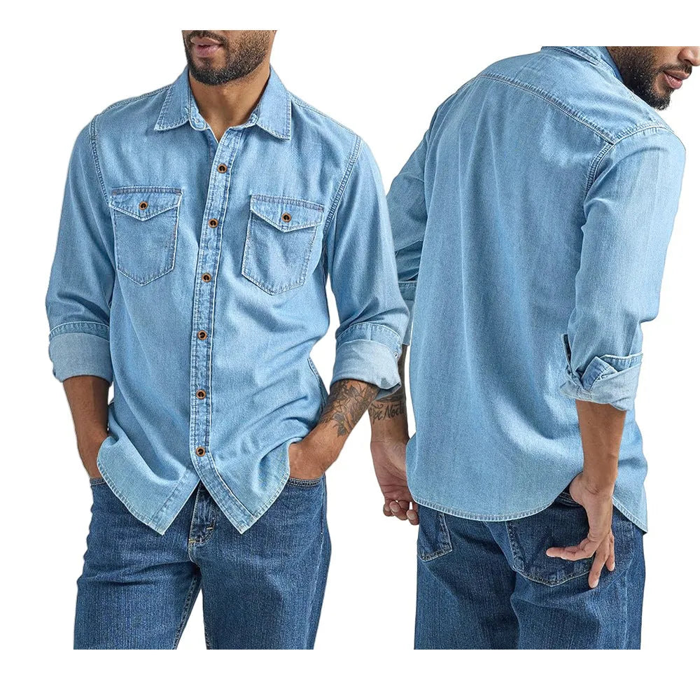 Men's oversized cotton denim cardigan in khaki, front view, with visible button closure and relaxed silhouette