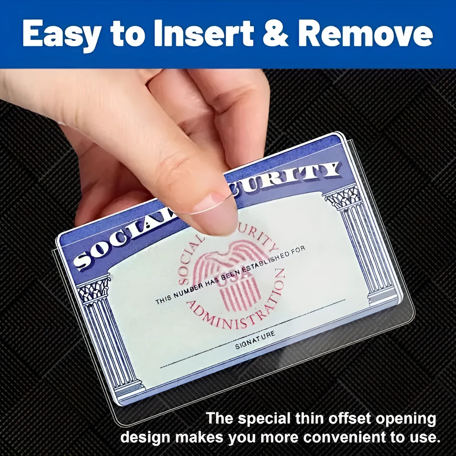 Clear PVC social security card holder showing size next to a card.