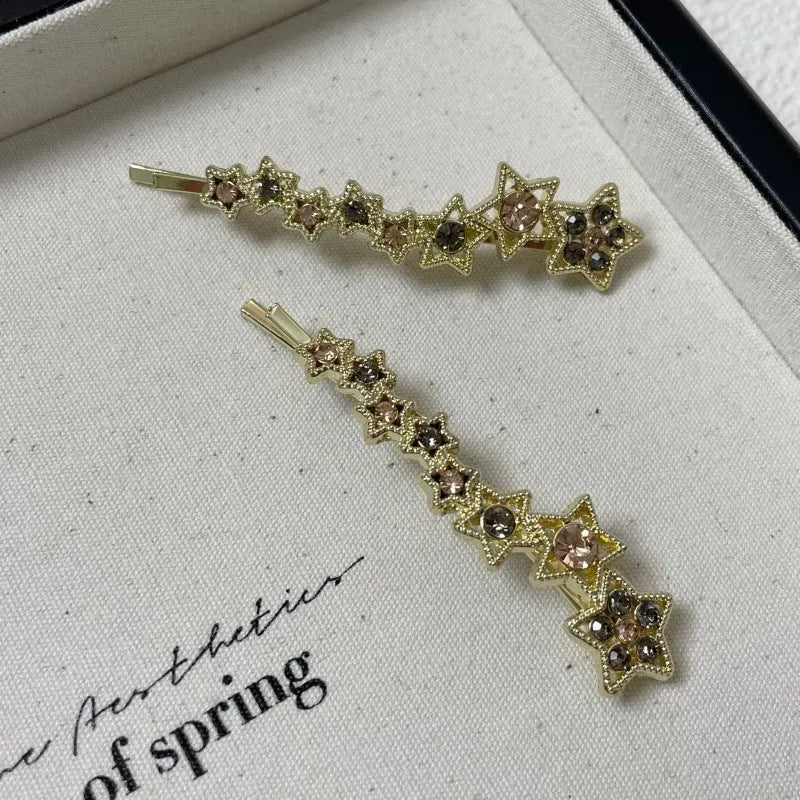 Gold Korean-style rhinestone barrette with broken clip design for bangs