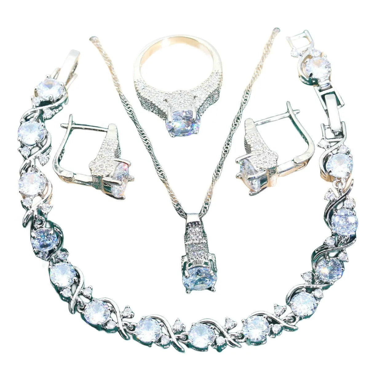 Bridal zircon jewellery four-piece set showing necklace, bracelet, earrings and ring in alloy with water wave chain