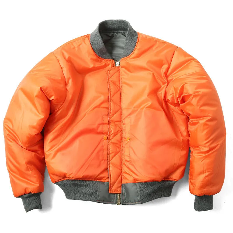 Men's loose fit nylon pilot jacket in army green, shown with cotton padding and double-sided wear-resistant construction.