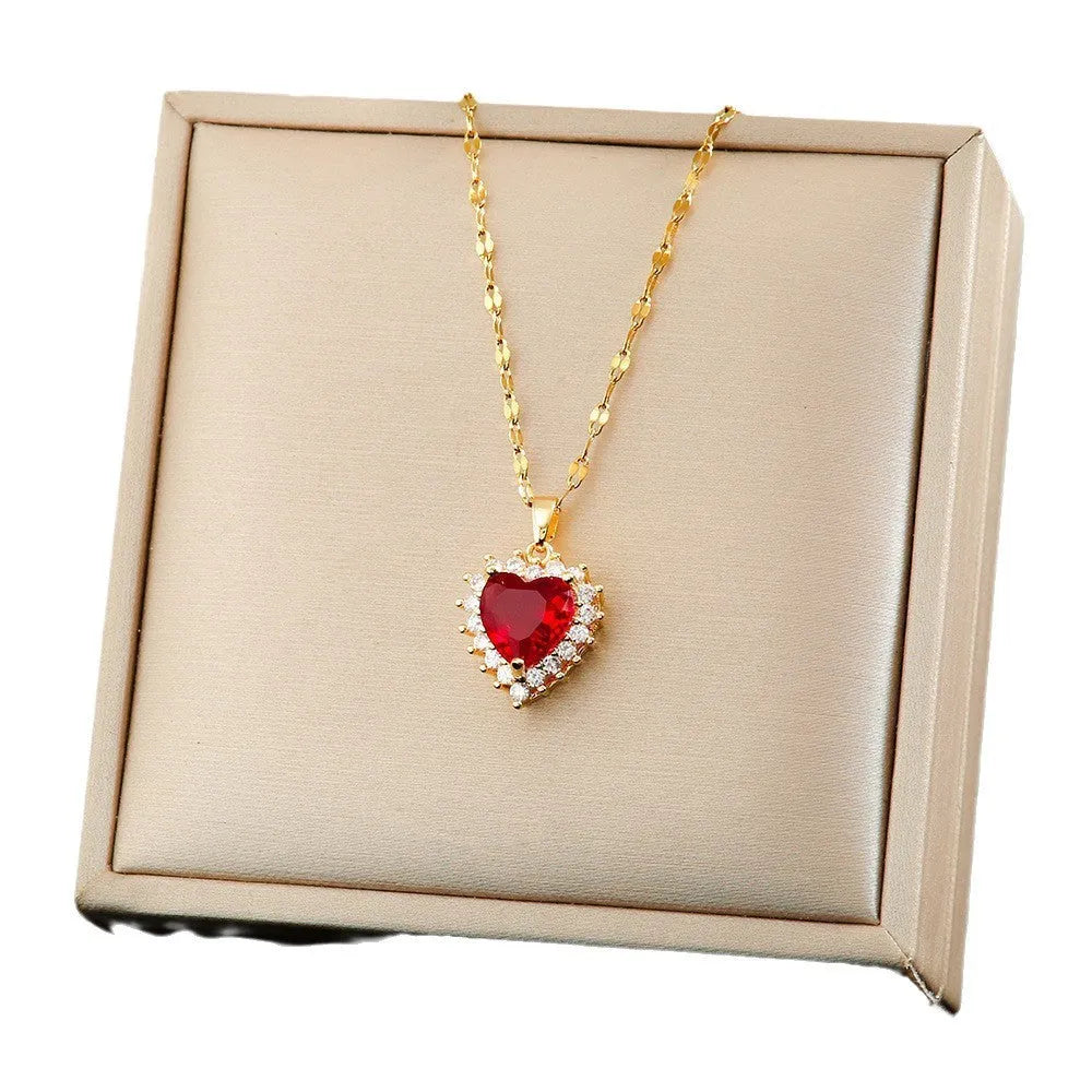 Titanium steel heart flower jewellery set with gold red colour and mixed gem inlays
