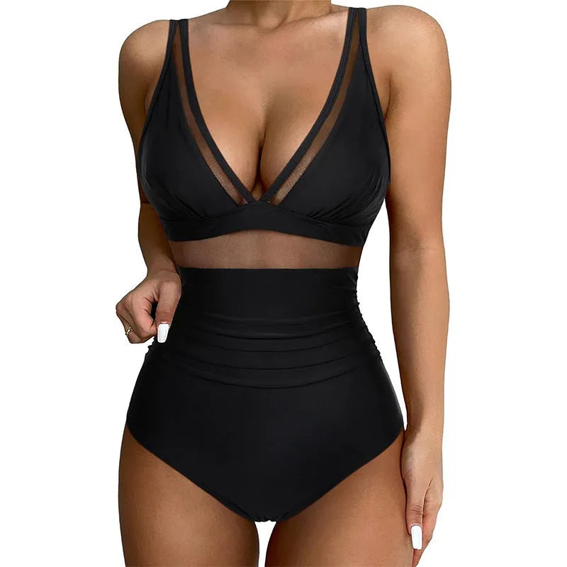 Black halter neck one-piece swimsuit for women, briefs style, made from nylon fabric.