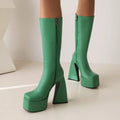 Women's casual high boots in black, red, blue, and white colours with artificial PU upper material