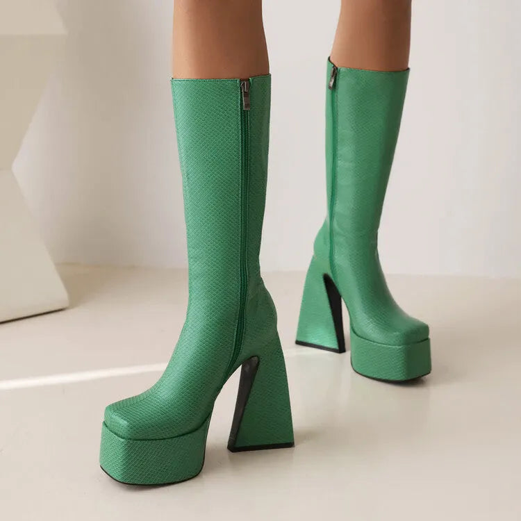 Women's casual high boots in black, red, blue, and white colours with artificial PU upper material