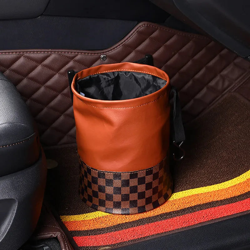 Leather retractable car trash can with handle shown in folded and open positions