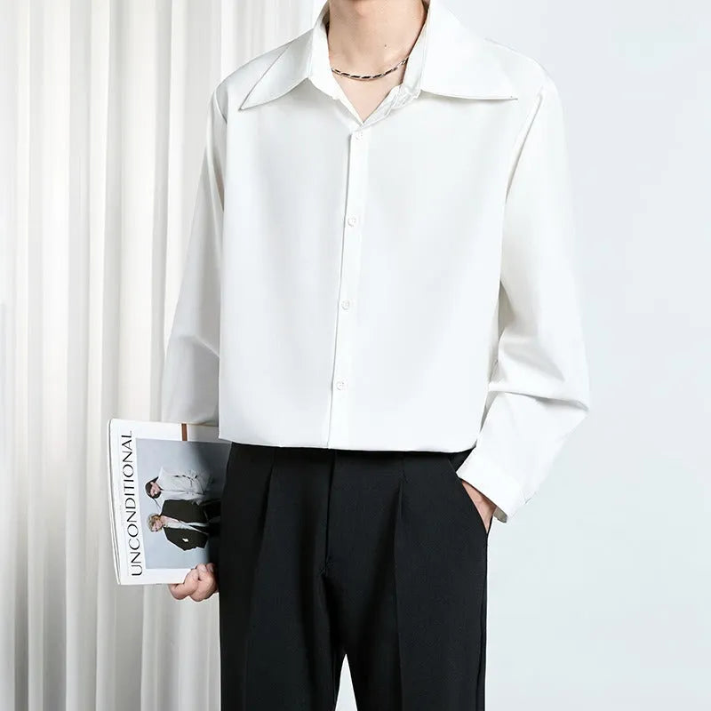 Men's loose non-iron polyester shirt in black and white, front view, with casual styling